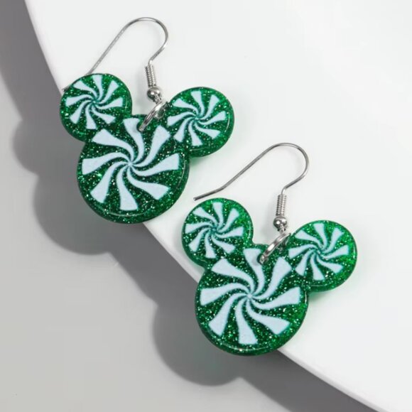 Mickey Mouse Green Peppermint Swirl Dangle Drop Earrings NEW - Picture 1 of 5